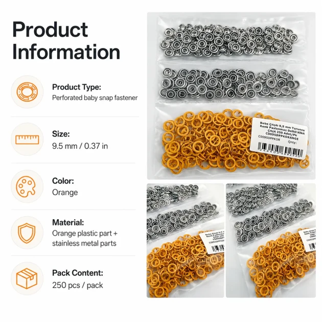 Orange Stainless Ring-Style Prong Baby Snap Fastener 9.5 mm / 0.37 in, 250 Sets/Pack