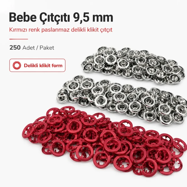 Red stainless ring-style prong baby snap fastener, 9.5 mm / 0.37 in, 250 sets per pack, ideal for babywear and accessories