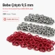 Red stainless ring-style prong baby snap fastener, 9.5 mm / 0.37 in, 250 sets per pack, ideal for babywear and accessories