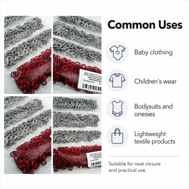 Red stainless ring-style prong baby snap fastener, 9.5 mm / 0.37 in, 250 sets per pack, ideal for babywear and accessories