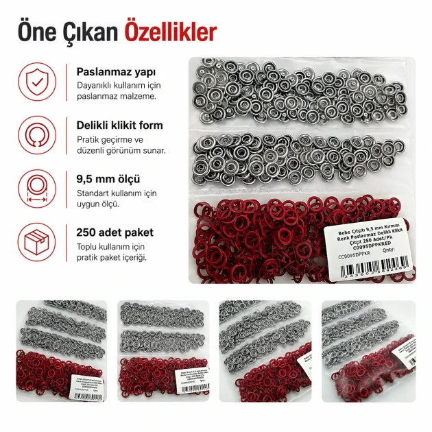 Red stainless ring-style prong baby snap fastener, 9.5 mm / 0.37 in, 250 sets per pack, ideal for babywear and accessories