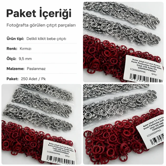 Red stainless ring-style prong baby snap fastener, 9.5 mm / 0.37 in, 250 sets per pack, ideal for babywear and accessories