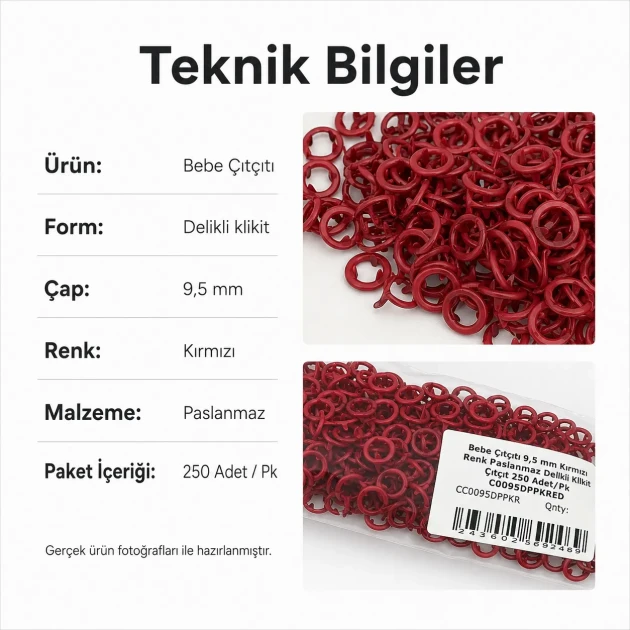 Red stainless ring-style prong baby snap fastener, 9.5 mm / 0.37 in, 250 sets per pack, ideal for babywear and accessories
