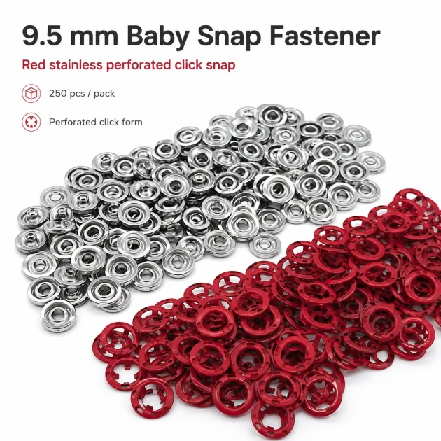 Red stainless ring-style prong baby snap fastener, 9.5 mm / 0.37 in, 250 sets per pack, ideal for babywear and accessories