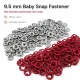 Red stainless ring-style prong baby snap fastener, 9.5 mm / 0.37 in, 250 sets per pack, ideal for babywear and accessories