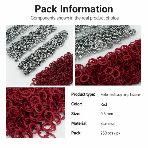 Red stainless ring-style prong baby snap fastener, 9.5 mm / 0.37 in, 250 sets per pack, ideal for babywear and accessories