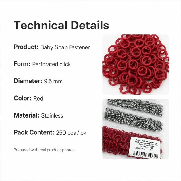 Red stainless ring-style prong baby snap fastener, 9.5 mm / 0.37 in, 250 sets per pack, ideal for babywear and accessories