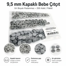Grey Painted Stainless Capped Baby Snap Fastener 9.5 mm / 0.37 in, 250 Sets/Pack C0095KPPKGRI
