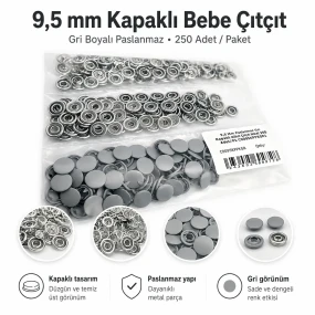 Grey Painted Stainless Capped Baby Snap Fastener 9.5 mm / 0.37 in, 250 Sets/Pack C0095KPPKGRI