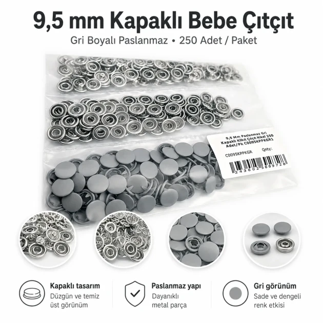 Grey Painted Stainless Capped Baby Snap Fastener 9.5 mm / 0.37 in, Durable Stainless Steel for Baby Clothing, 250 Sets Pack