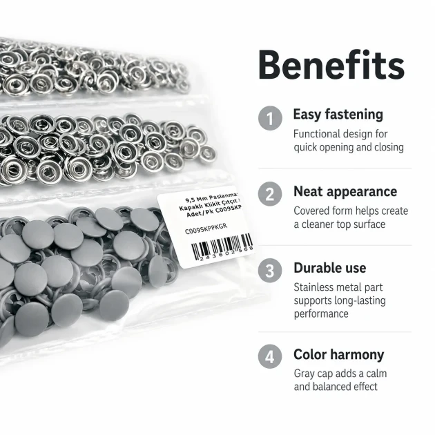 Grey Painted Stainless Capped Baby Snap Fastener 9.5 mm / 0.37 in, Durable Stainless Steel for Baby Clothing, 250 Sets Pack