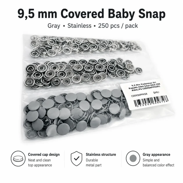 Grey Painted Stainless Capped Baby Snap Fastener 9.5 mm / 0.37 in, Durable Stainless Steel for Baby Clothing, 250 Sets Pack