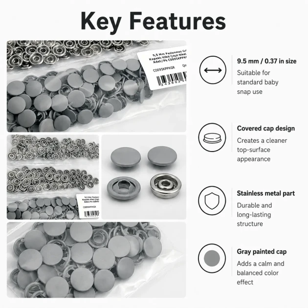 Grey Painted Stainless Capped Baby Snap Fastener 9.5 mm / 0.37 in, Durable Stainless Steel for Baby Clothing, 250 Sets Pack