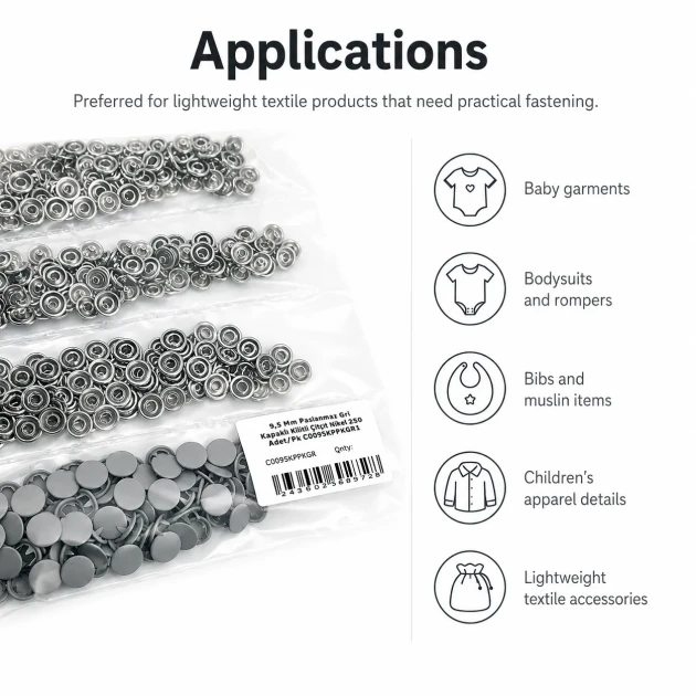 Grey Painted Stainless Capped Baby Snap Fastener 9.5 mm / 0.37 in, Durable Stainless Steel for Baby Clothing, 250 Sets Pack
