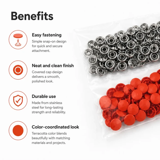 Terracotta Painted Stainless Capped Baby Snap Fastener 9.5 mm / 0.37 in, Durable Stainless Steel for Baby Clothing, 250