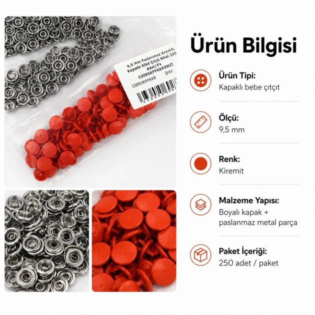 Terracotta Painted Stainless Capped Baby Snap Fastener 9.5 mm / 0.37 in, Durable Stainless Steel for Baby Clothing, 250