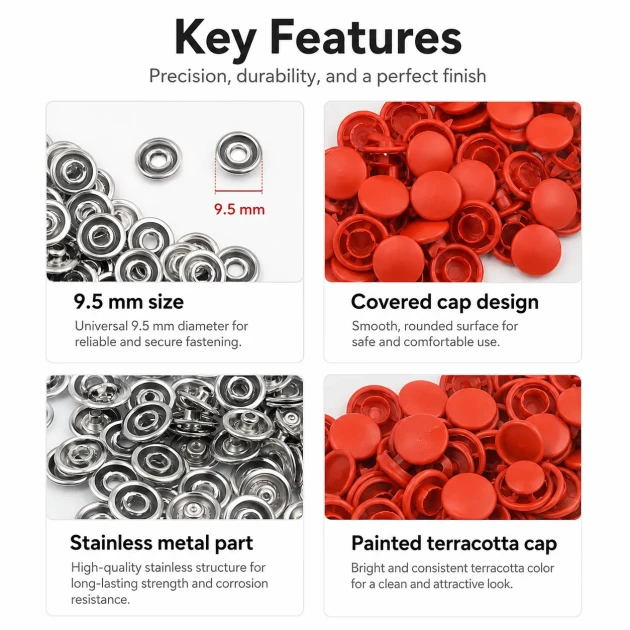 Terracotta Painted Stainless Capped Baby Snap Fastener 9.5 mm / 0.37 in, Durable Stainless Steel for Baby Clothing, 250