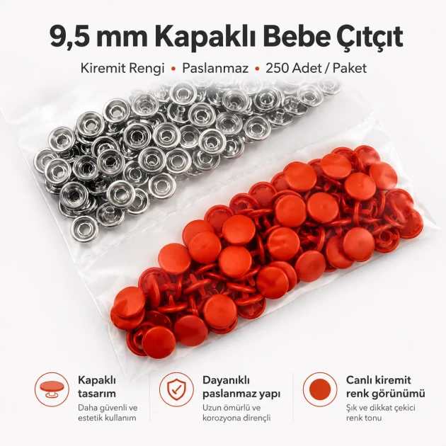 Terracotta Painted Stainless Capped Baby Snap Fastener 9.5 mm / 0.37 in, Durable Stainless Steel for Baby Clothing, 250