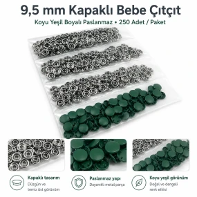 Dark Green Painted Stainless Capped Baby Snap Fastener 9.5 mm / 0.37 in, 250 Sets/Pack C0095KPPKKYSL