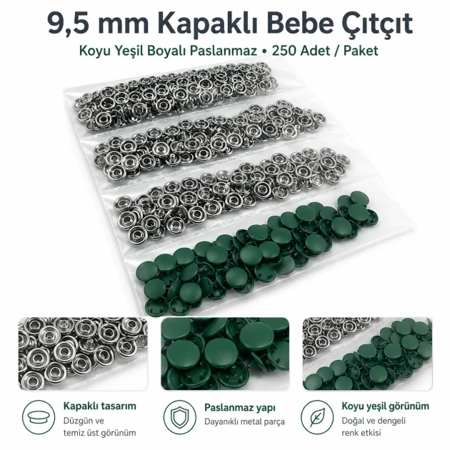 Dark Green Painted Stainless Capped Baby Snap Fastener 9.5 mm / 0.37 in, Durable Stainless Steel for Baby Clothing, 250 Sets
