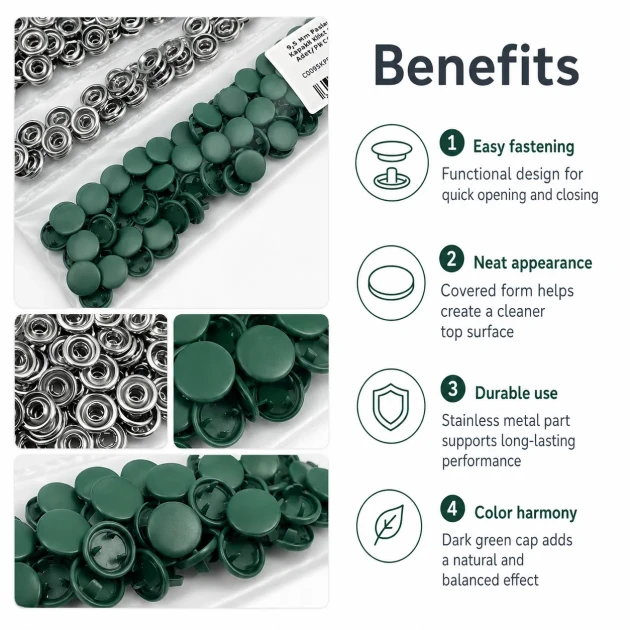 Dark Green Painted Stainless Capped Baby Snap Fastener 9.5 mm / 0.37 in, Durable Stainless Steel for Baby Clothing, 250 Sets