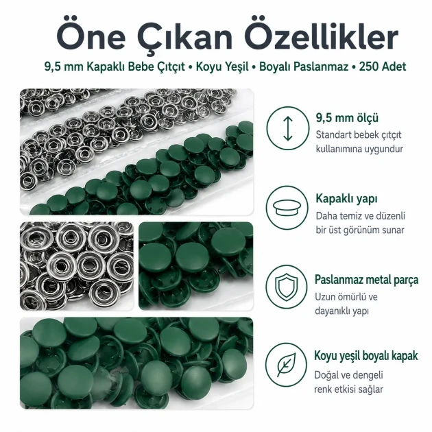 Dark Green Painted Stainless Capped Baby Snap Fastener 9.5 mm / 0.37 in, Durable Stainless Steel for Baby Clothing, 250 Sets