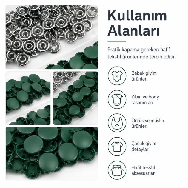 Dark Green Painted Stainless Capped Baby Snap Fastener 9.5 mm / 0.37 in, Durable Stainless Steel for Baby Clothing, 250 Sets