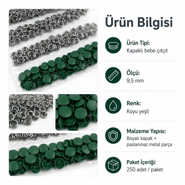 Dark Green Painted Stainless Capped Baby Snap Fastener 9.5 mm / 0.37 in, Durable Stainless Steel for Baby Clothing, 250 Sets