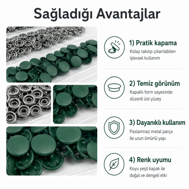Dark Green Painted Stainless Capped Baby Snap Fastener 9.5 mm / 0.37 in, Durable Stainless Steel for Baby Clothing, 250 Sets