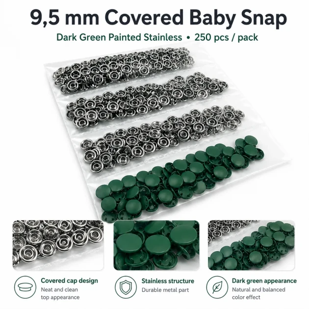 Dark Green Painted Stainless Capped Baby Snap Fastener 9.5 mm / 0.37 in, Durable Stainless Steel for Baby Clothing, 250 Sets