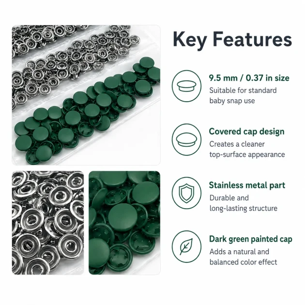 Dark Green Painted Stainless Capped Baby Snap Fastener 9.5 mm / 0.37 in, Durable Stainless Steel for Baby Clothing, 250 Sets