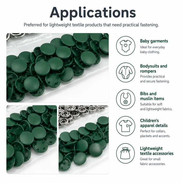 Dark Green Painted Stainless Capped Baby Snap Fastener 9.5 mm / 0.37 in, Durable Stainless Steel for Baby Clothing, 250 Sets