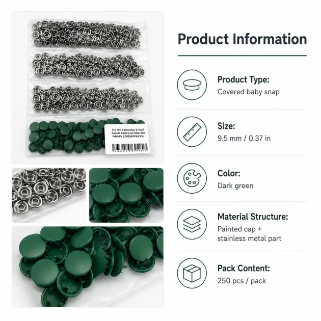 Dark Green Painted Stainless Capped Baby Snap Fastener 9.5 mm / 0.37 in, Durable Stainless Steel for Baby Clothing, 250 Sets