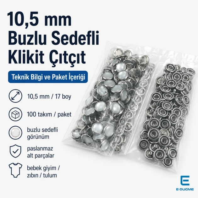 10.5 mm Frosted Pearl Stainless Prong Snap Fasteners for textile applications, 100 sets per pack