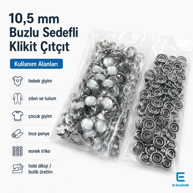10.5 mm Frosted Pearl Stainless Prong Snap Fasteners for textile applications, 100 sets per pack