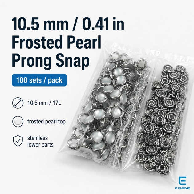 10.5 mm Frosted Pearl Stainless Prong Snap Fasteners for textile applications, 100 sets per pack
