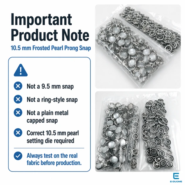 10.5 mm Frosted Pearl Stainless Prong Snap Fasteners for textile applications, 100 sets per pack