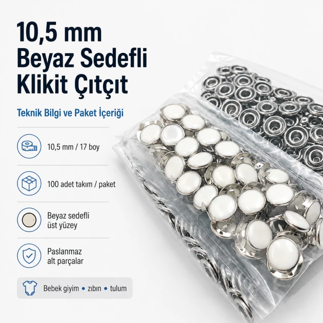 10.5 mm White Pearl Stainless Prong Snap Fasteners for Textile Applications