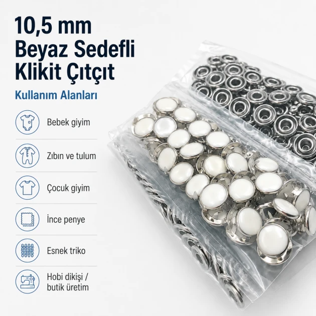 10.5 mm White Pearl Stainless Prong Snap Fasteners for Textile Applications
