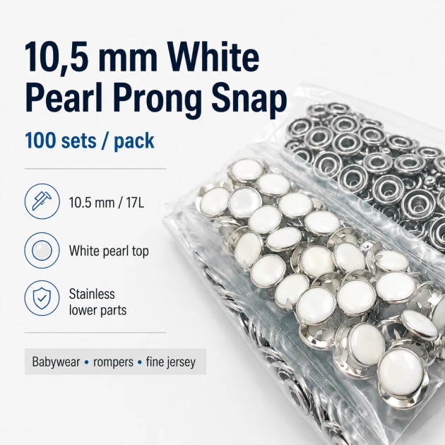 10.5 mm White Pearl Stainless Prong Snap Fasteners for Textile Applications