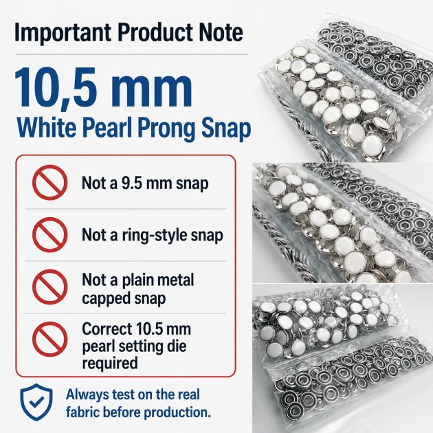 10.5 mm White Pearl Stainless Prong Snap Fasteners for Textile Applications