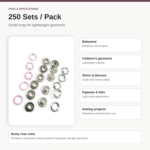 8 mm / 0.31 in Dusty Rose Stainless Ring-Style Prong Snap Fasteners for babywear and light garment projects