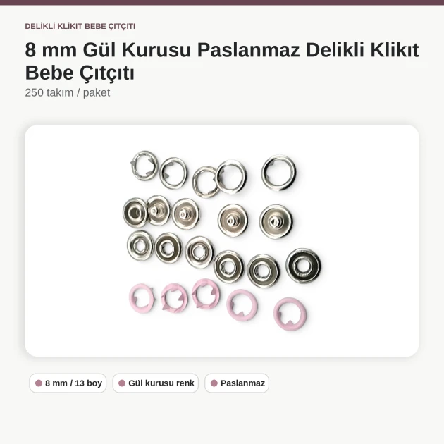 8 mm / 0.31 in Dusty Rose Stainless Ring-Style Prong Snap Fasteners for babywear and light garment projects