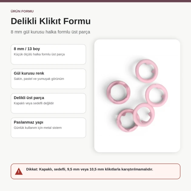 8 mm / 0.31 in Dusty Rose Stainless Ring-Style Prong Snap Fasteners for babywear and light garment projects