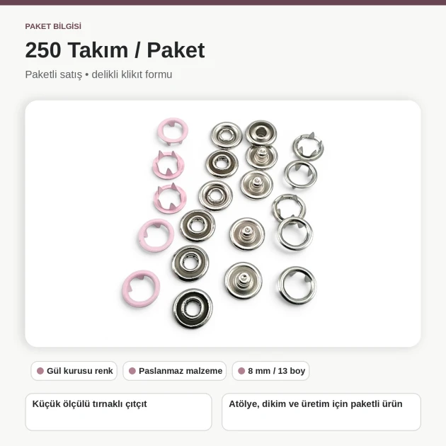 8 mm / 0.31 in Dusty Rose Stainless Ring-Style Prong Snap Fasteners for babywear and light garment projects