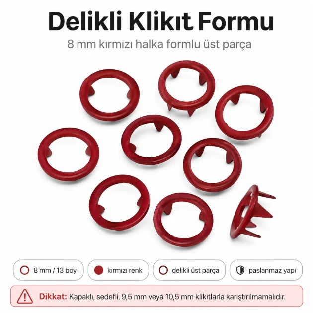 8 mm / 0.31 in Red Stainless Ring-Style Prong Snap Fasteners for babywear and light garments