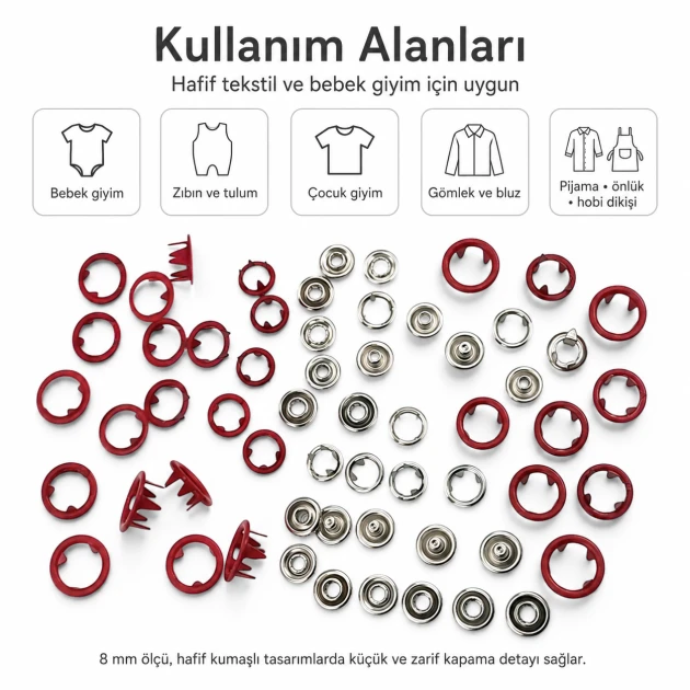 8 mm / 0.31 in Red Stainless Ring-Style Prong Snap Fasteners for babywear and light garments