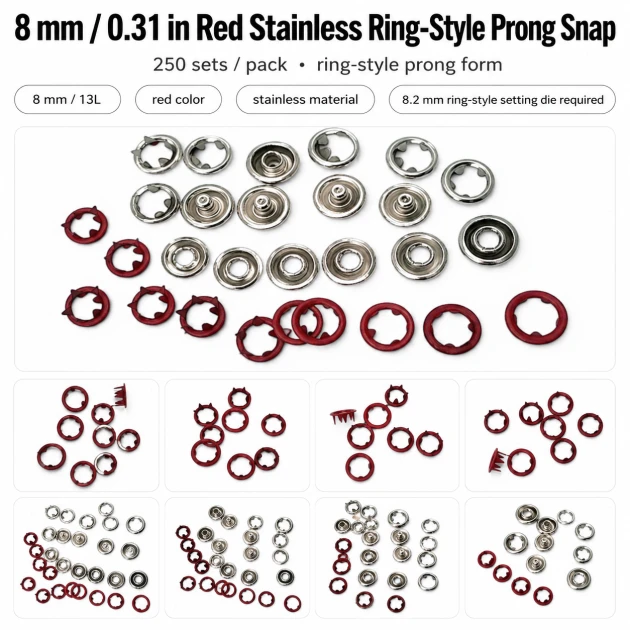 8 mm / 0.31 in Red Stainless Ring-Style Prong Snap Fasteners for babywear and light garments