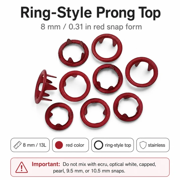 8 mm / 0.31 in Red Stainless Ring-Style Prong Snap Fasteners for babywear and light garments