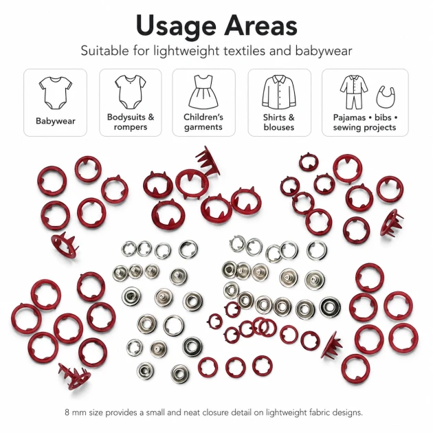 8 mm / 0.31 in Red Stainless Ring-Style Prong Snap Fasteners for babywear and light garments